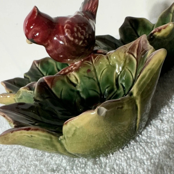 Vintage Ceramic Cardinal On Poinsettia 3 Bowl Serving Dish - Picture 6 of 11